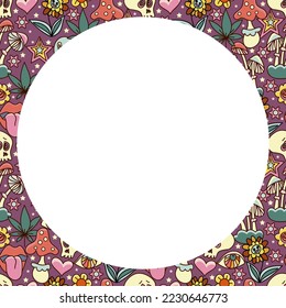 Vector circle frame. Groovy retro background in 70s style.