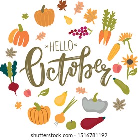 Vector circle frame with Hello October lettering. It can be used for cards, brochures, poster and other promotional materials.