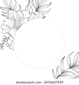 Vector circle frame Hibiskus bouquet with palm leaves. Tropical botanic illustration. Summer exotic, elegant flora. Black silhouette for circuit