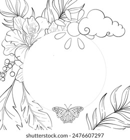 Vector circle frame Hibiskus bouquet with palm leaves, sun, clouds, butterfly. Tropical botanic illustration. Summer exotic, elegant flora. Black silhouette for circuit