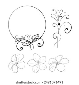 Vector circle frame with leaves, ornament, pattern and plumerias. Freehand drawing, design doodle element. Black circuit silhouette.