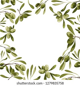 Vector circle frame with olive tree decoration. Vegan food illustration