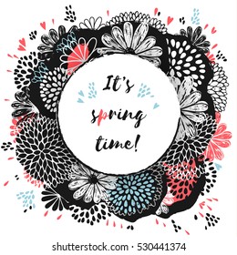 Vector circle frame on contrast background, made of doodle flowers. Black, white, red and blue colors.