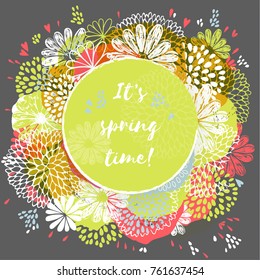 Vector circle frame on contrast background, made of doodle flowers. Yellow, white, red colors.