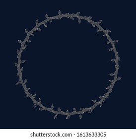 Vector circle frame overgrown with plant with thorns and leaves. Dark background