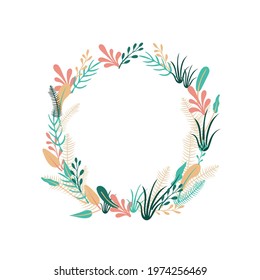 Vector circle frame, plants, natural frame wreath template, exotic floral elements, isolated on white background, 
