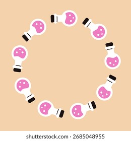 Vector circle frame of potion bottles with pink liquid on beige background. Magic chemistry glass vial wreath illustration for Halloween, witchcraft, decor, invitation, fantasy.