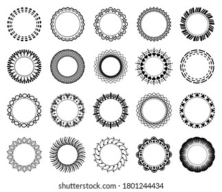 Vector circle frame set. Collection of black flat rounded frames, with contour lines and shapes. Isolated on white background