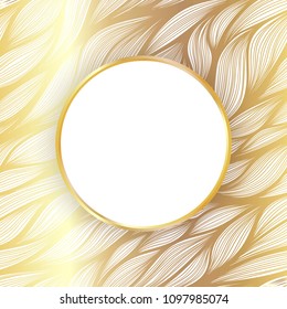 Vector Circle Frame With Shadow On Leaf Hand Drawn Pattern On Gold Background. Weeding Invitation Design.