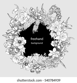 Vector circle frame from the spring primroses, black and white wreath made of flowers. Circle decoration. Wreath illustration made of flowers and herbs. Spring elements. Floral wreath.