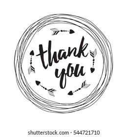 Vector circle frame with text thank you decorated abstract arrows. Cute hand drawn thankful calligraphy round element for any design.