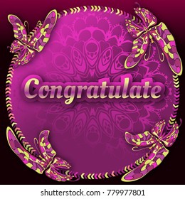 Vector circle frame, a wreath of butterflies and grasses. against the background of the mandala pattern. Spring elements.