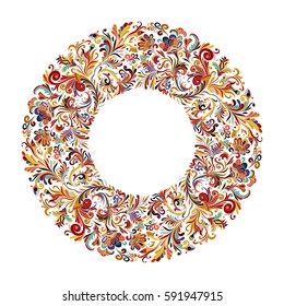 Vector circle frame, wreath design made of doodle flowers. Circle decoration. Wreath illustration made of flowers and herbs. Spring elements. Floral doodles wreath
