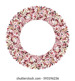 Vector circle frame, wreath design made of doodle flowers. Circle decoration. Wreath illustration made of flowers and herbs. Spring elements. Floral doodles wreath