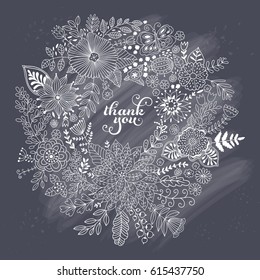 Vector circle frame, wreath design made of doodle flowers. Circle decoration. Wreath illustration made of flowers and herbs. Spring elements. Floral doodles wreath