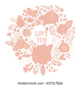 Vector circle frame, wreath design made of doodle flowers. Circle decoration. Wreath illustration made of flowers and herbs. Spring elements. Floral doodles wreath