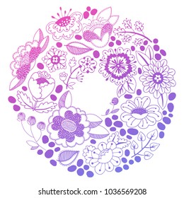 Vector circle frame, wreath made of flowers. Circle decoration. Wreath illustration made of flowers and herbs. Spring elements. Floral doodles wreath. Vector illustration for your design.
