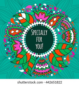 Vector circle frame, wreath made of flowers. Circle decoration. Wreath illustration made of flowers and herbs. Spring elements. Floral doodles wreath.
