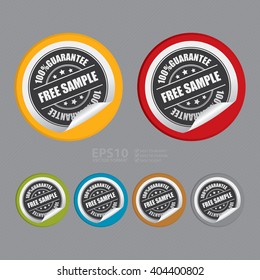 Vector : Circle Free Sample 100% Guarantee Product Label, Campaign Promotion Infographics Flat Icon, Peeling Sticker, Sign