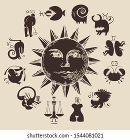 Vector circle of the funny and scary Zodiac signs in retro style with Sun. Horoscope circle with twelve symbols for astrological forecasts