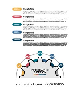 Vektorkreis Zahnrad-Infografik 5 Schritte für Geschäftspräsentationen, Banner, Verkäufe, Jahrestage, Web. Vektorgrafik editierbar