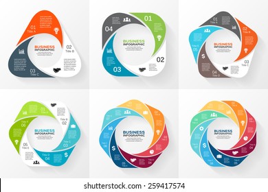 Vector circle geometric infographics set. Template for cycle diagram, graph, presentation and round chart. Business concept with 3, 4, 5, 6, 7, 8 options, parts, steps or processes. 