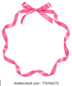 Vector Circle Gift Tag With Pink Bow And Long Curled Ribbon. Mothers Day Holiday Decoration