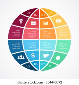 Vector circle globus infographic, cycle diagram, global nerwork graph, world map presentation chart. Business concept with 8 options, parts, steps, processes. Planet Earth. Worldwide globalization.