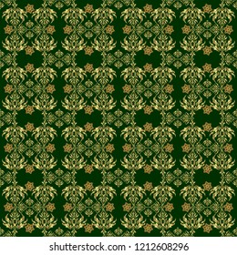 Vector circle golden grid and elements on green background. Ornament design template. Ornamental floral vignette for wedding invitations, business card, certificate, logo template.