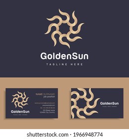 Vector circle golden icon sun logo with business card template sign for boutique hotel, restaurant, jewelry, wellness spa club, premium beauty salon, travel tourism agency. Sun symbol with lights.