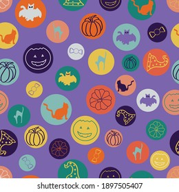 Vector Circle Halloween seamless pattern background with cats, hats, and pumpkins. Perfect for fabric, scrapbooking, packaging, and invitation cards