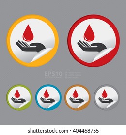 Vector : Circle Hand With Blood Drop Sign or Blood Donation Infographics Flat Icon, Peeling Sticker, Sign