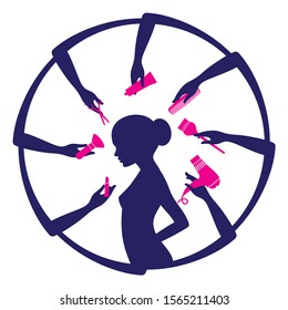 Vector circle with hands holding hairdressing toys in the middle of a silhouette woman. Hairdresser - salon. Isolated on white background.