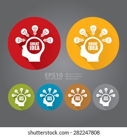 Vector : Circle Head With Great Idea Brain and Light Bulb Flat Long Shadow Style Icon, Label, Sticker, Sign or Banner 