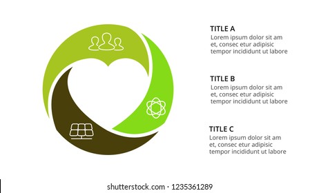 Vector circle heart infographic, cycle diagram, round graph. Water save slide presentation chart. Ecology nature concept with 3 options, parts, steps, processes.