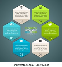 Vector circle hexagon infographic. Template for cycle diagram, graph, presentation and round chart. Business concept with 6 options, parts, steps or processes. Abstract background.  Data visualization