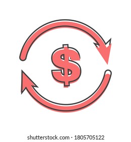 Vector circle icon with arrow and dollar sign. Currency exchange symbol cartoon style on white isolated background.