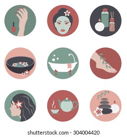 Vector circle icons with beauty spa objects flat design