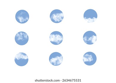 Vector circle icons featuring blue sky and clouds, ideal for Instagram highlights or dreamy aesthetic design.
