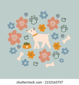 vector circle illustration of the dog with flowers, crowns, paws, bone on light blue background. Home pet abstract square poster. Spring dog illustration, dog silhouette , pastel colors