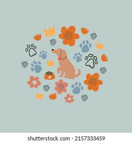 vector circle illustration of the dog with flowers, crowns, paws, bone on white background. Home pet abstract square poster on pastel blue. Spring dog illustration, dog silhouette