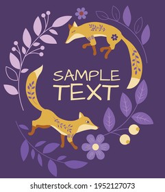 ilustración de círculo vectorial para texto con zorros étnicos en paleta amarilla y púrpura, fondo púrpura oscuro