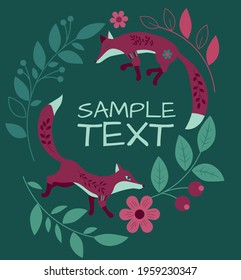 vector circle illustration for text with ethnic foxes in pink and green palette, dark green background