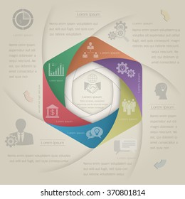Vector circle infographic 6 options with high quality business icons.Template set for presentation, paper, chart, project and report.