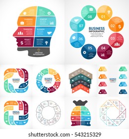 Vector circle infographic bundle. Business diagrams, arrows graphs, linear presentations, idea cycle charts. Infographics data options, parts, 8 steps, process. Brain, medicine plus symbol, money bag.