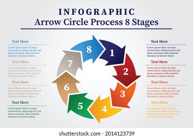 Vector circle infographic. Business concept with 8 arrow options, parts, steps, stages or processes. Vector and illustration.