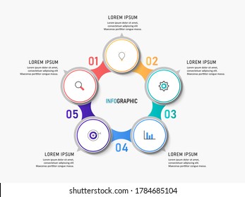 Infografía del círculo vectorial con colorido. Plantilla para diagrama de ciclo, gráfico, presentación y gráfico redondo. Concepto de negocio con 5 opciones, partes, pasos o procesos.