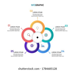 Infografía del círculo vectorial con colorido. Plantilla para diagrama de ciclo, gráfico, presentación y gráfico redondo. Concepto de negocio con 5 opciones, partes, pasos o procesos.