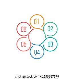 Vector circle infographic, cycle diagram, data graph, presentation chart. Business startup concept with 6 options, parts, steps, processes. Template with round swirl color flower.