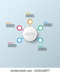 Infografik des Vektorkreises, Zyklusdiagramm, Diagramm, Präsentationstabelle. Business-Infografik-Konzept mit 5 Optionen, Teilen und Schritten. Infografische Geschäftsprozesse. Kreatives Konzept für Infografiken